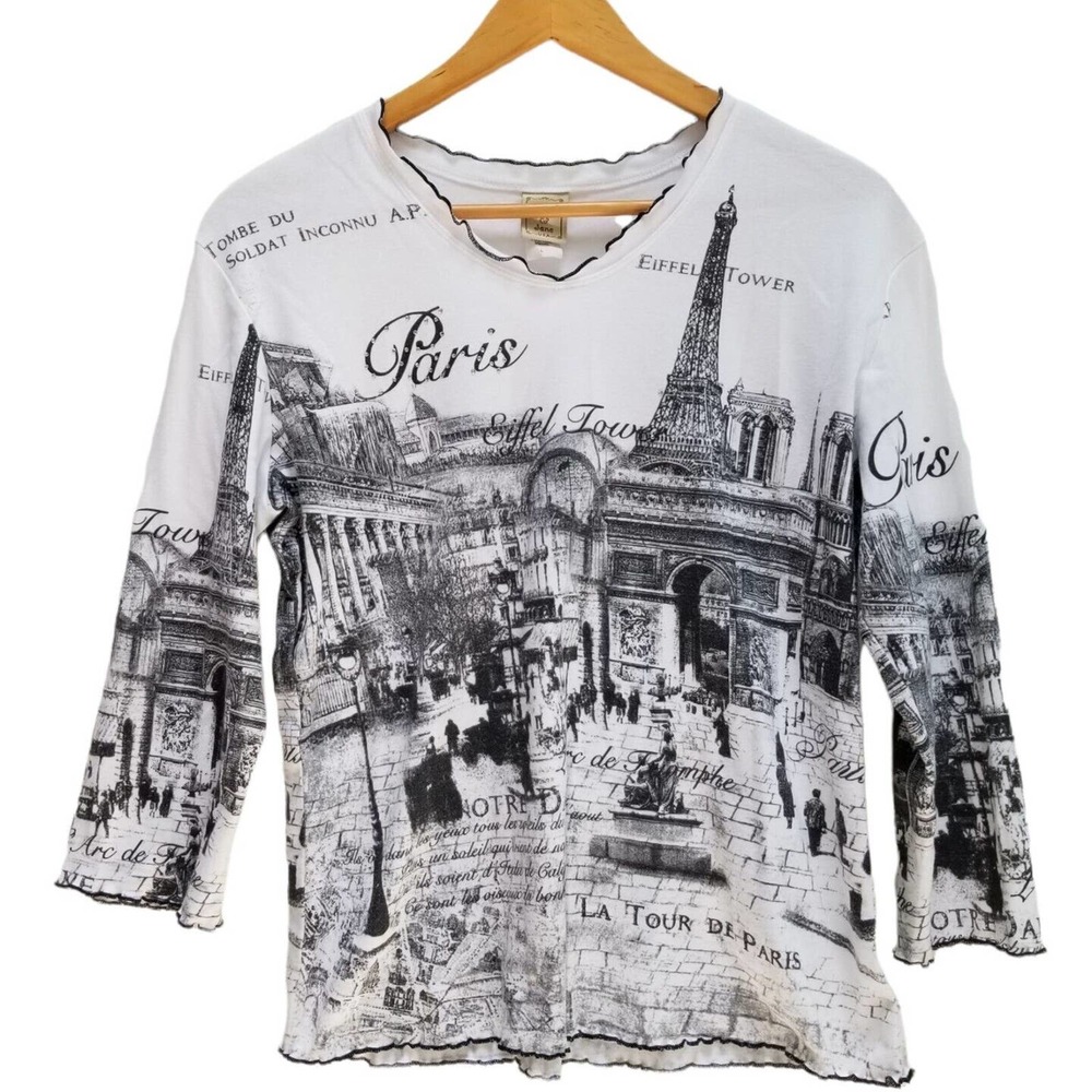 Jess & Jane Knit Top 3/4 Sleeve Paris Romance White Shirt Rhinestones Sz L USA